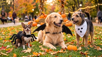 Tres perros con disfraces de araña, murciélago y fantasma sobre el césped con hojas secas y calabazas.