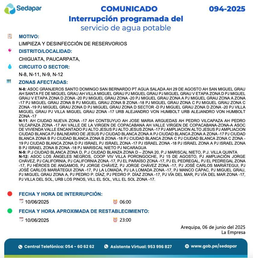 Sedapar anuncia corte de agua en Arequipa del 10 al 11 de junio.