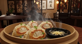 Cesta de bambú con seis dumplings chinos humeantes, con bases doradas, acompañados de salsa de soja y jengibre rallado en un restaurante chino.