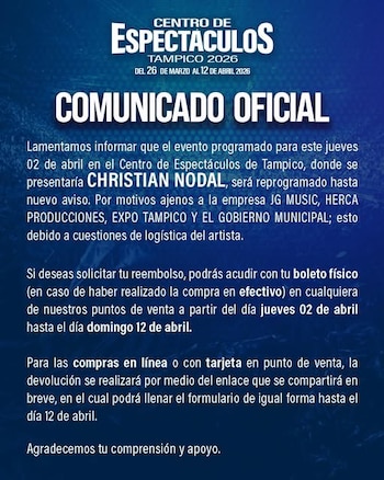 Cartel oficial azul oscuro con texto blanco anunciando la reprogramación del concierto de Christian Nodal en el Centro de Espectáculos Tampico 2026 por logística. Incluye detalles de reembolso