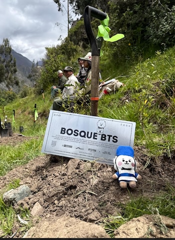 Pala en tierra removida con cartel plateado "BOSQUE BTS" y un muñeco blanco y azul. Personas y vegetación montañosa bajo cielo nublado en Machu Picchu