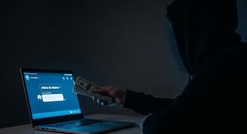 Una persona encapuchada sostiene una pila de billetes de cien dólares frente a una computadora portátil, cuya pantalla muestra una "oferta de dinero" en un chat.