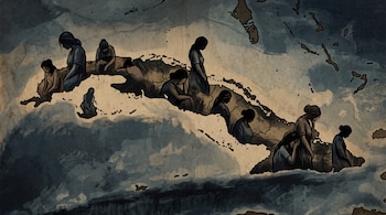 Ilustración del mapa geográfico de Cuba con siluetas oscuras de mujeres en su interior sobre un fondo de tonos grises.