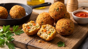 Varias albóndigas de arroz, algunas cortadas mostrando arroz y verduras, sobre una tabla de madera. Hay una sartén, salsa en un cuenco y perejil fresco.