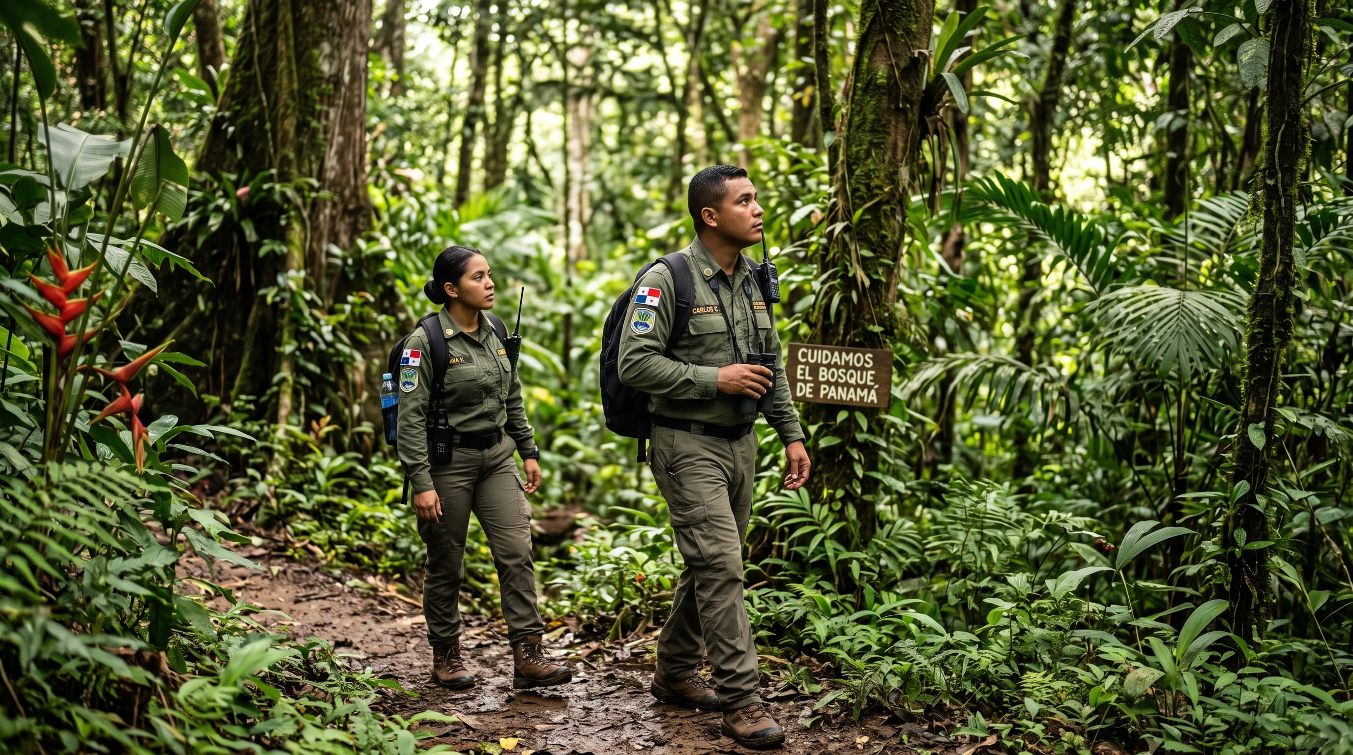 Dos guardaparques uniformados patrullan un sendero natural junto a un letrero con la leyenda Cuidamos el bosque de Panamá. (Imagen Ilustrativa Infobae)