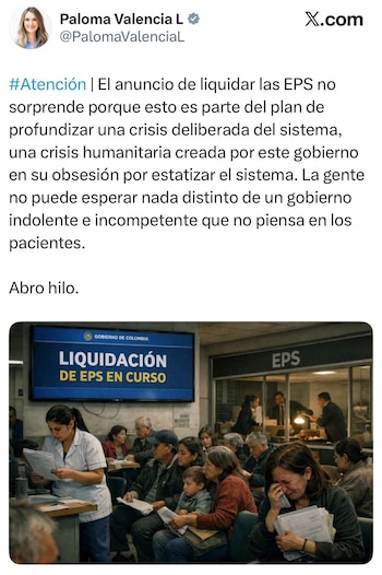 Paloma Valencia alerta sobre una estrategia para debilitar el modelo actual del sistema de salud y estatizarlo - crédito X