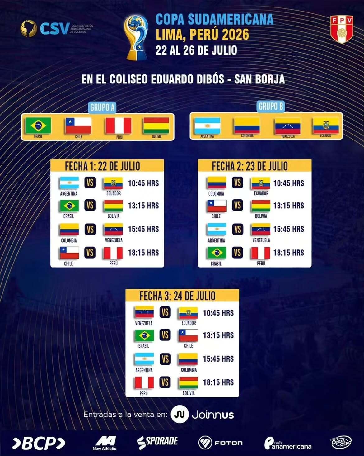 Fixture de la Copa Sudamericana de Vóley 2026. Crédito: Instagram FPV.