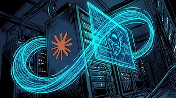 Ilustración estilo cómic de servidores con el logotipo naranja de Anthropic y una pantalla flotante azul que forma un símbolo de infinito.