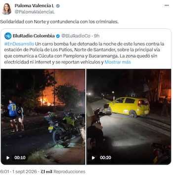 Paloma Valencia pidió contundencia contra los responsables del atentado en Los Patios, Norte de Santander - crédito @PalomaValenciaL/X