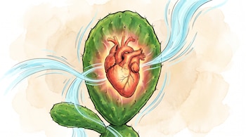 Ilustración de una penca de nopal verde con un corazón humano rojo brillante emergiendo, rodeada de flujos de energía azul clara.