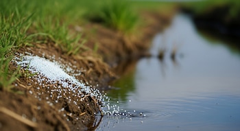 Fertilizante granulado blanco sobre suelo húmedo al borde de un campo agrícola; algunos gránulos caen a un arroyo de agua clara.