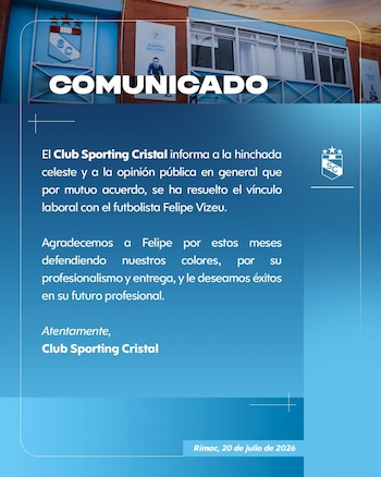 El comunicado de Sporting Cristal sobre la salida de Felipe Vizeu.