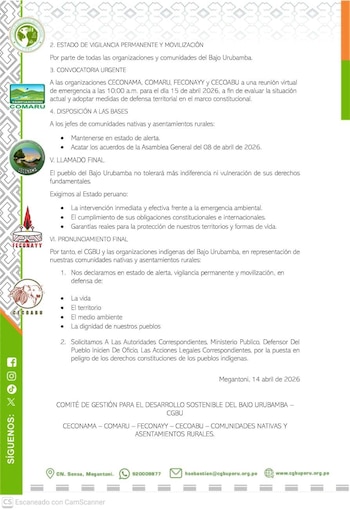 Documento digital en español del CGBU, con fondo verde y blanco. Presenta texto sobre una alerta en Megantoni, logos de organizaciones y contactos