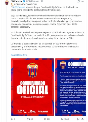 El Eldense agradeció a la empresaria colombiana por su gestión de equipo - crédito @CD_Eldense/X