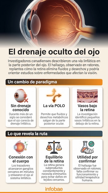 Esquema médico de un ojo humano acompañado por seis recuadros explicativos con iconos sobre el drenaje linfático ocular.