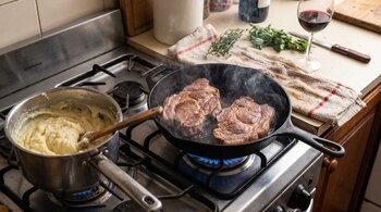 Dos bifes de bondiola se cocinan en una sartén de hierro fundido sobre una hornalla de gas encendida. Junto a ellos, una olla con puré cremoso en otra hornalla encendida.