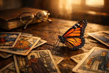 Mariposa monarca naranja y negra sobre una mesa de madera, con varias cartas de tarot, un libro y anteojos de lectura en el fondo.