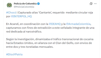 La detención de alias Cantante quedó a disposición de las autoridades y ahora el proceso judicial deberá avanzar sobre su presunta responsabilidad y la orden internacional de Interpol - crédito @PoliciaColombia/X