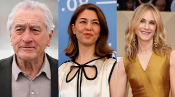 Composición collage de tres retratos: Robert De Niro, Sofia Coppola y Holly Hunter. Robert De Niro a la izquierda, Sofia Coppola en el centro y Holly Hunter a la derecha.