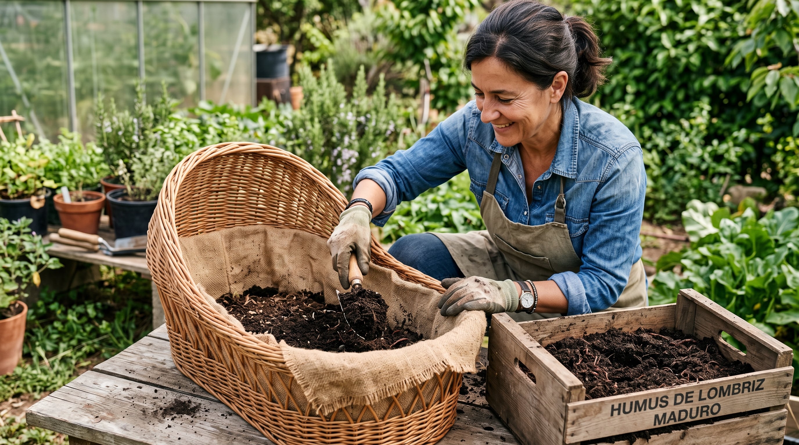 Una mujer coloca humus de lombriz maduro depositado en una caja de madera dentro de una cuna de Moisés para preparar un cultivo en el jardín. (Imagen Ilustrativa Infobae)