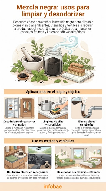 Infografía ilustra el uso de mezcla negra para limpieza y desodorización. Muestra mortero, frasco con mezcla, y ejemplos de aplicación en cocina, ropa y casa.