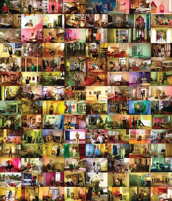 Mosaico de 100 fotografías cuadradas mostrando personas en diferentes interiores y exteriores con objetos, arte y diversas iluminaciones de colores