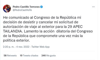 Pedro Castillo desiste de viajar