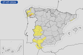 Mapa de alertas meteorológicas para este lunes, 27 de julio de 2026. (Aemet)