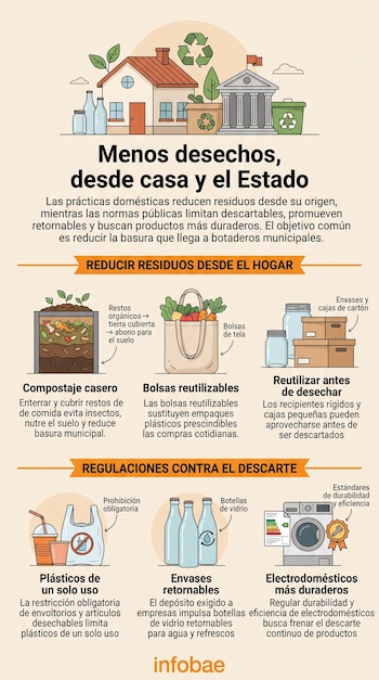 Infografía con ilustraciones de una casa, un edificio institucional, compost, bolsas de tela, frascos, botellas de vidrio y una lavadora.