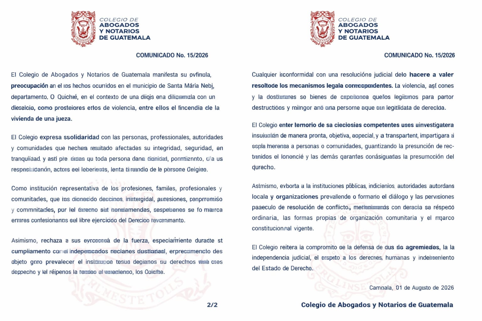 El Colegio de Abogados y Notarios de Guatemala publica un comunicado oficial con fecha del 01 de agosto de 2026, enfocado en asuntos de interés público. (Imagen Ilustrativa Infobae)