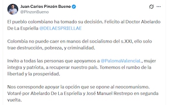 El exministro pidió a los colombianos que respalden a Abelardo de la Espriella en la segunda vuelta - crédito @PinzonBueno/X
