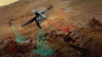 Varios helicópteros con paneles solares sobrevuelan un terreno rocoso de color marrón rojizo, proyectando haces de luz verdes y rojos con patrones de ondas