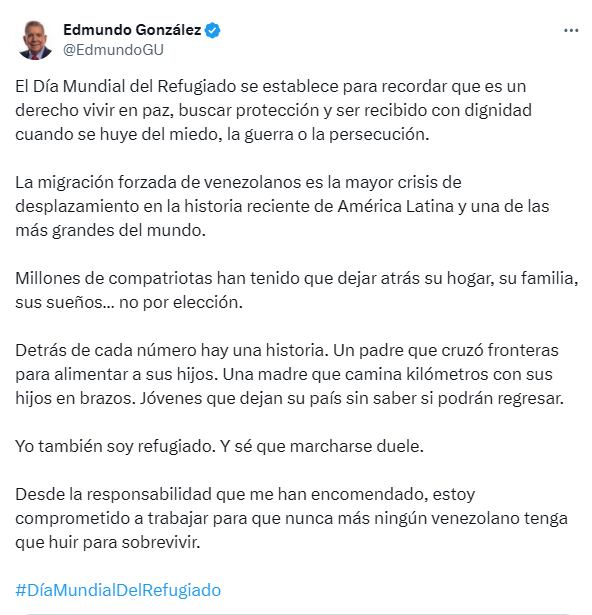Edmundo González Urrutia reafirmó su compromiso con los refugiados venezolanos en el Día Mundial del Refugiado