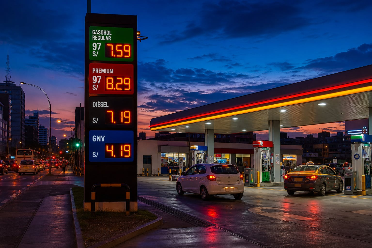 Una estación de servicio en Perú muestra las tarifas de gasohol, diésel y gas natural en un panel luminoso durante el atardecer. (Imagen Ilustrativa Infobae)