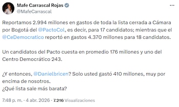 Mafe explicó que los recursos corresponden a una lista cerrada y cuestionó la comparación con campañas individuales. - crédito @MafeCarrascal/X