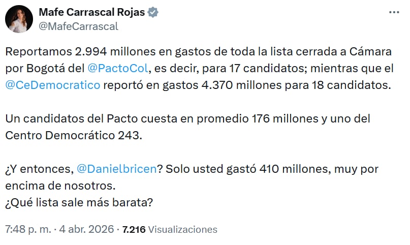 Mafe Carrascal explicó que los recursos corresponden a una lista cerrada y cuestionó la comparación con campañas individuales - crédito @MafeCarrascal/X