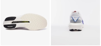 Vista de la suela de una zapatilla blanca y la parte trasera del mismo modelo, mostrando "SPEED TECH CARBON" y "CARBON 3" respectivamente