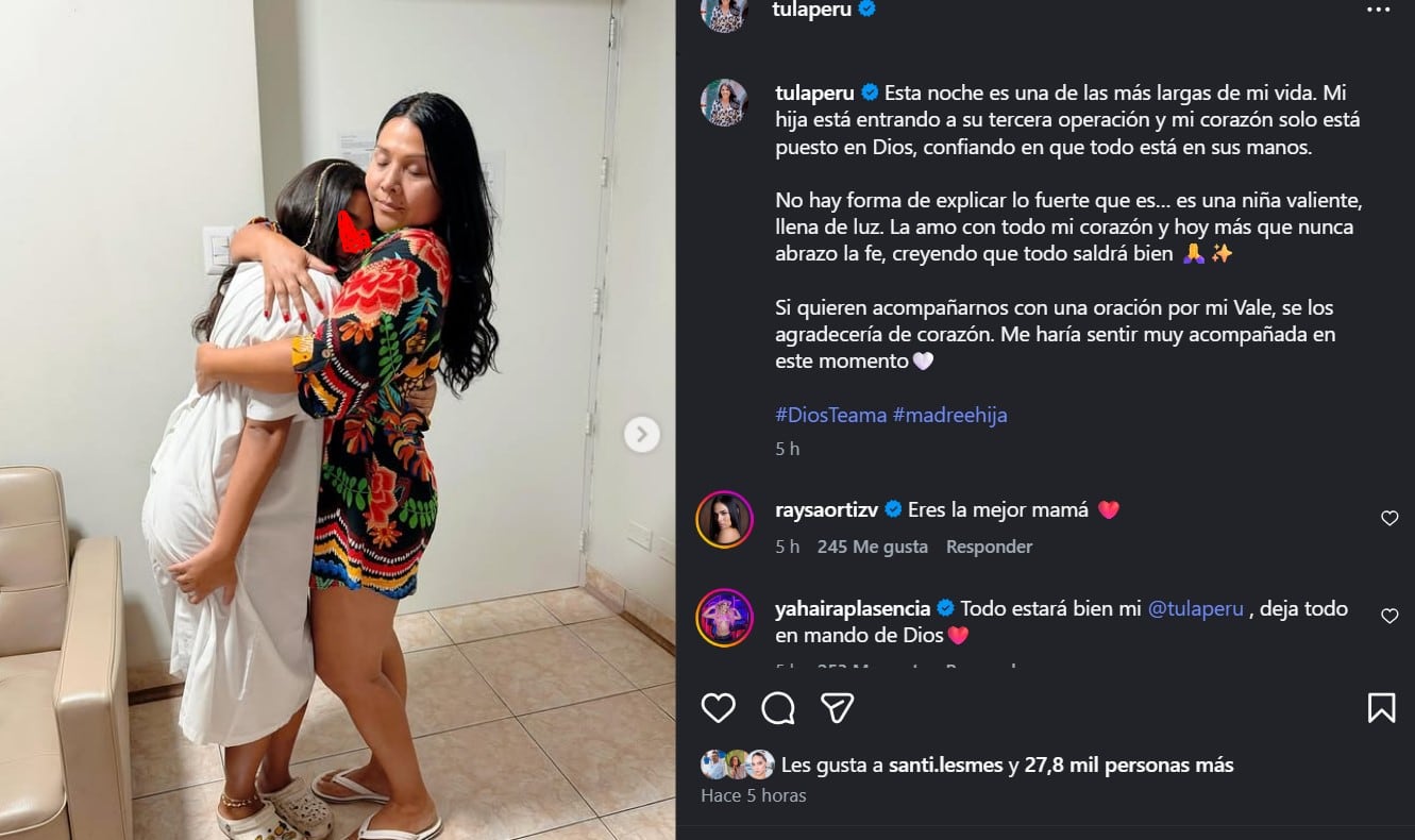 Tula Rodríguez pide oraciones por su hija antes de delicada cirugía: “Mi corazón está en manos de Dios”. Captura IG: @tulaperu.