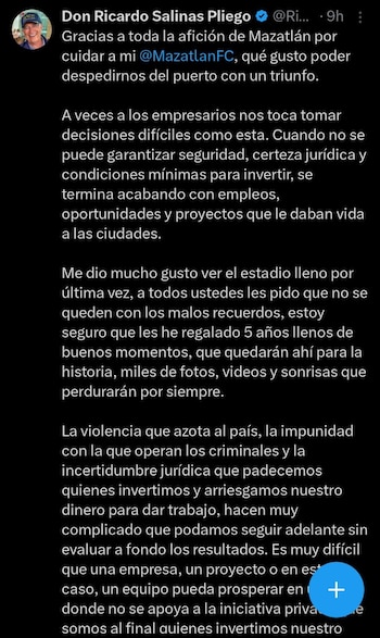 A través de su cuenta de X (antes Twitter), Ricardo Salinas Pliego agradeció a la afición el respaldo durante los últimos cinco años (captura de pantalla)