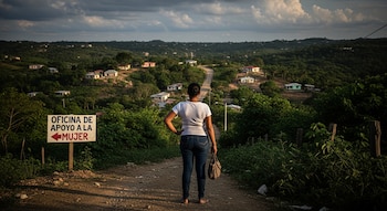 Una mujer de espaldas de pie en un camino de tierra, mirando hacia un paisaje rural con casas dispersas y vegetación. A la izquierda, un letrero indica 'Oficina de Apoyo a la Mujer'.