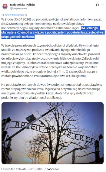 La policía de Oświęcim imputó al implicado por promover públicamente el nazismo y profanar un monumento conmemorativo - crédito @kwpkrakow / X