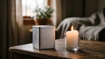 Una pequeña caja metálica cuadrada y una vela blanca encendida en un vaso de vidrio sobre una mesa de madera rústica.