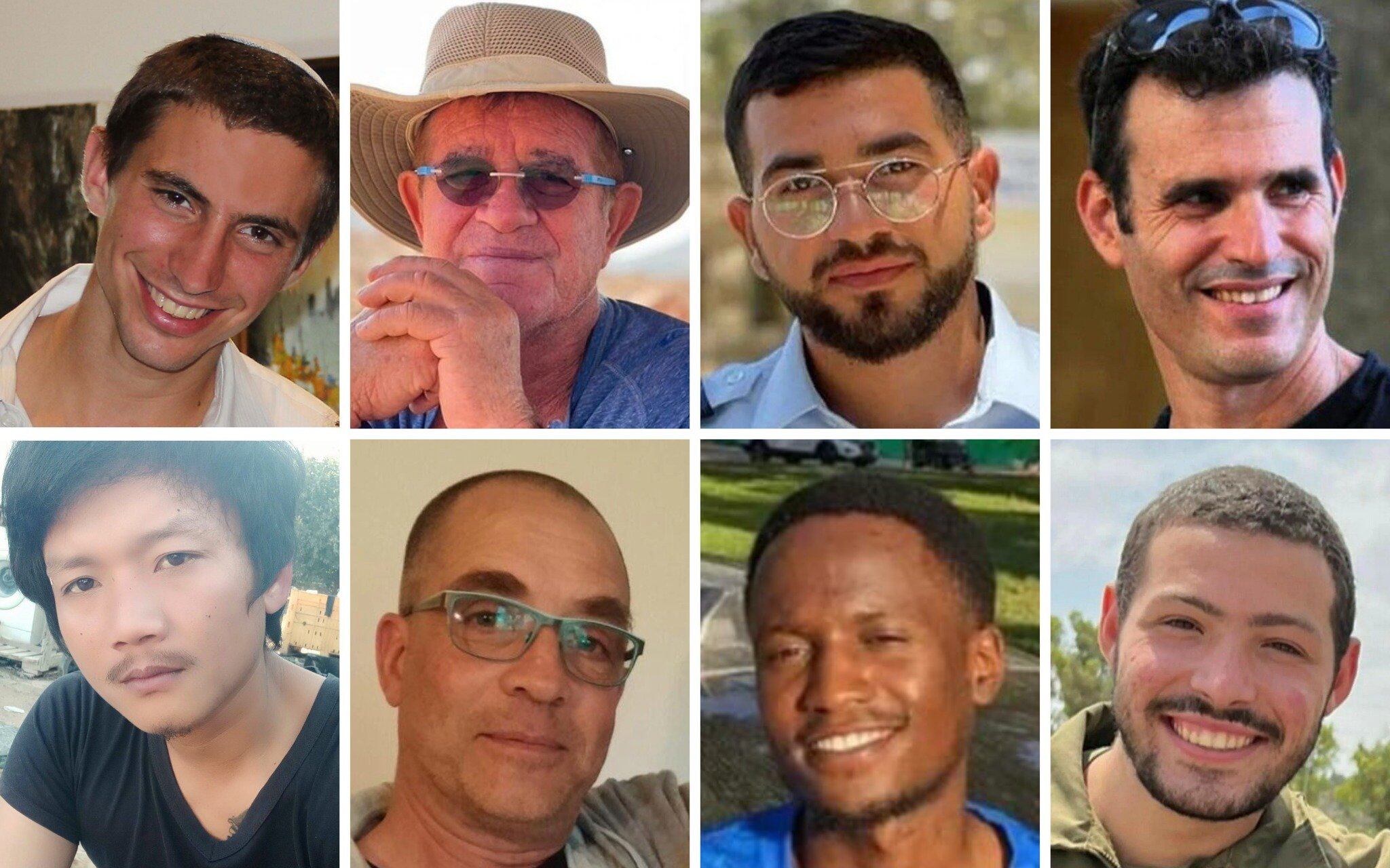 Los ocho rehenes fallecidos cuyos cuerpos permanecían retenidos en Gaza al 3 de noviembre de 2025: (Fila superior, de izquierda a derecha) Hadar Goldin, Meny Godard, Ran Gvili, Dror Or; (Fila inferior) Sudthisak Rinthalak, Lior Rudaeff, Joshua Mollel, Itay Chen.