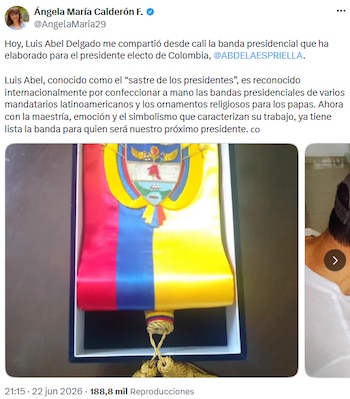 Luis Abel Delgado finalizó la banda presidencial para Abelardo de la Espriella, elaborada en Cali - crédito @AngelaMaria29/X