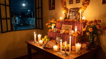 Mesa de madera con velas encendidas, pan de muerto, manzanas, calaveras de azúcar, flores amarillas, fotografías y una ventana que da a la calle.