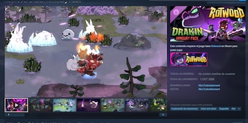 Captura de la interfaz de Steam con una escena animada de combate y una columna lateral con datos del videojuego Rotwood