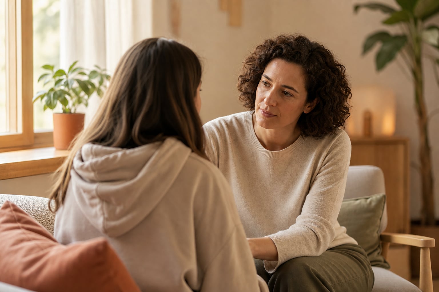 Una mujer adulta escucha con atención a una persona joven durante una conversación en un espacio residencial para ejemplificar la escucha activa. (Imagen Ilustrativa Infobae)