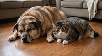 Un perro grande de pelaje beige y marrón claro y un gato atigrado gris y blanco con sobrepeso yacen en un brillante piso de madera, con sofás al fondo.