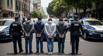 Cinco hombres esposados son escoltados por dos agentes de policía, flanqueados por vehículos de la Secretaría de Seguridad Ciudadana en una calle urbana.