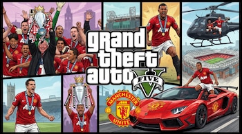 Collage de ilustraciones de futbolistas con camiseta roja, trofeos, un estadio, un automóvil deportivo y el logotipo de Grand Theft Auto V.